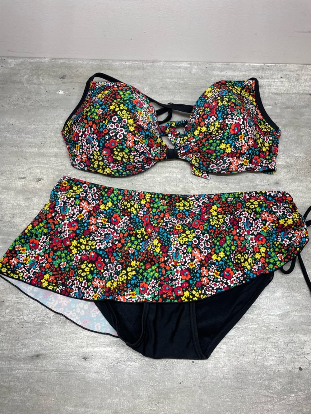 La Vie en Rose‎ Aqua Bikini Set Womens L D+ Multicolor Floral Excellent Skirted